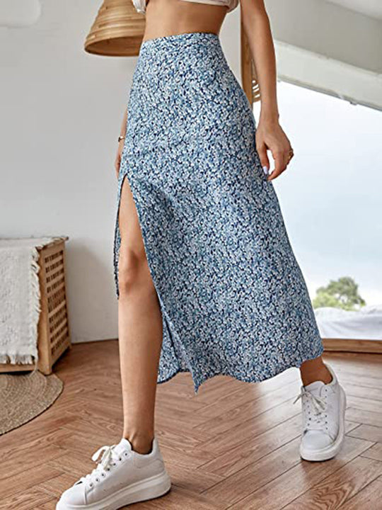 Damen Maxirock mit floralem Print und seitlichem Schlitz EB