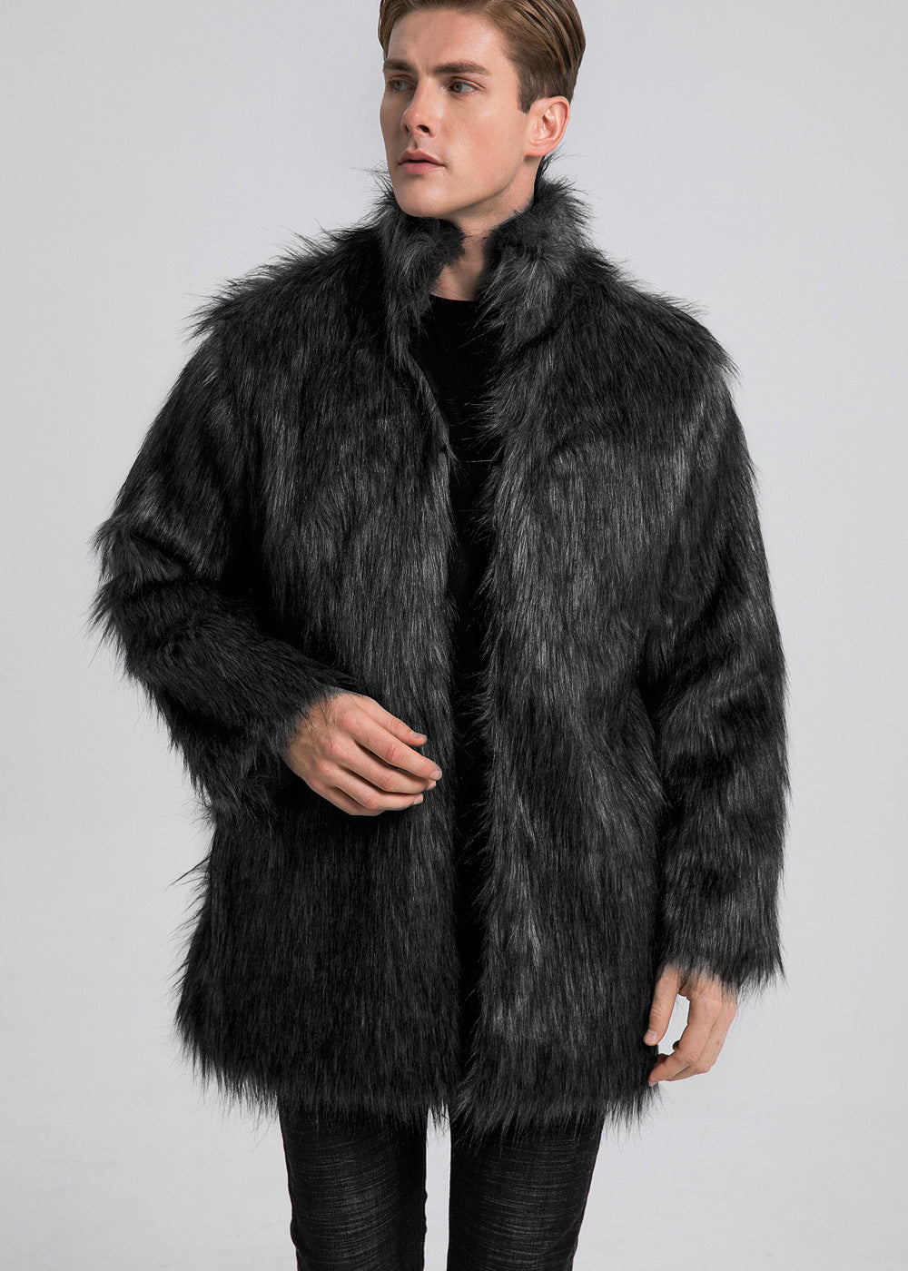 Herren Eleganter Kunstfell-Mantel mit weitem Kragen EB