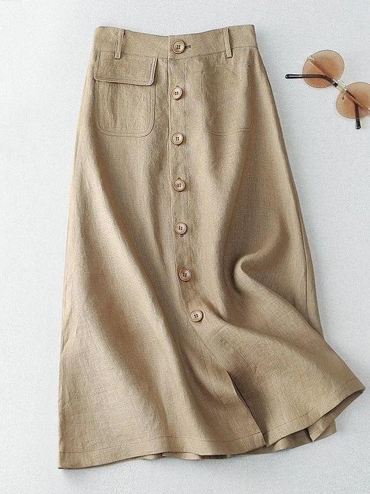 Damen Langer Leinenrock mit Knopfdetails und Taschen EB
