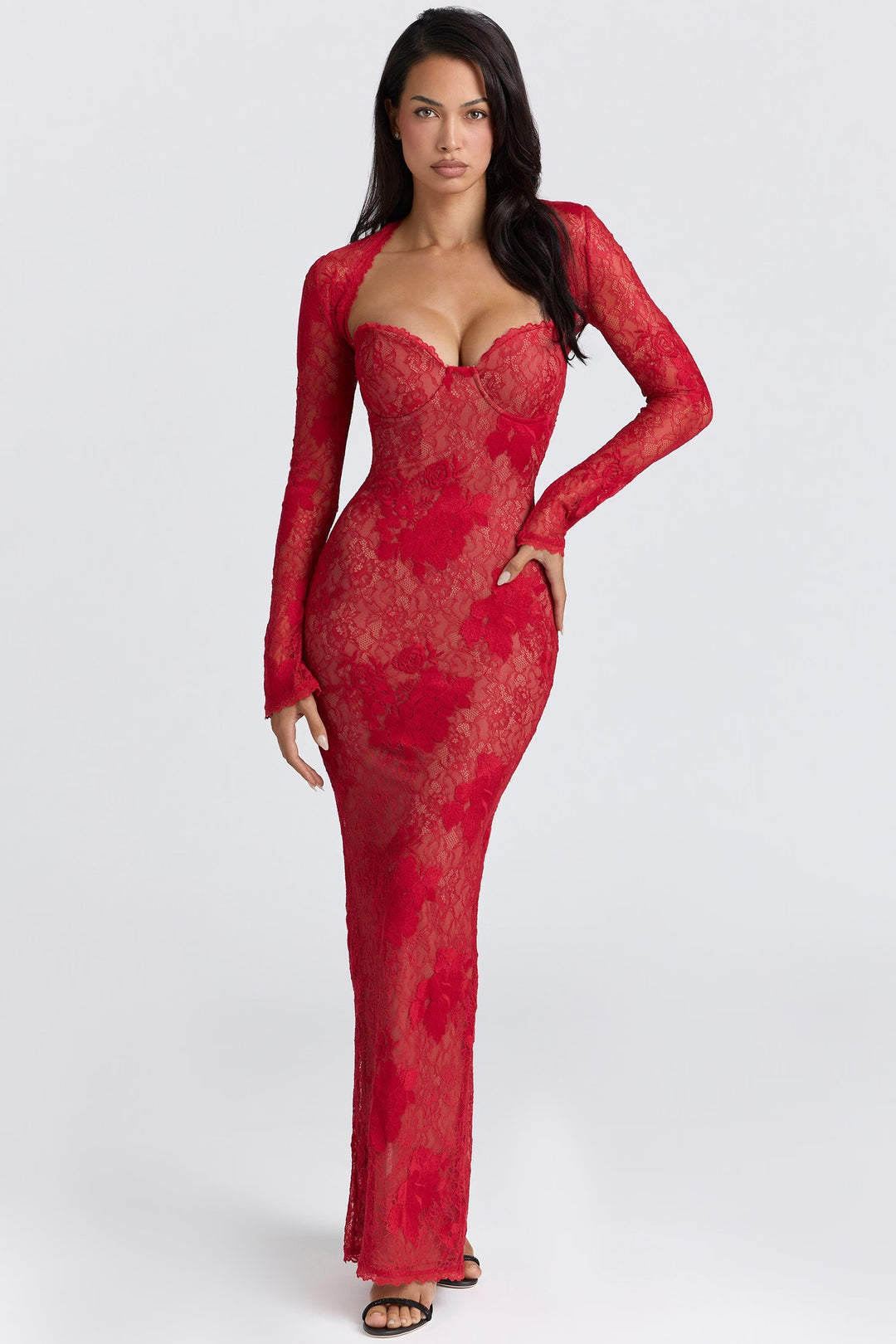 Damen Elegantes Spitzenabendkleid mit langem Arm und verführerischem Schnitt EB