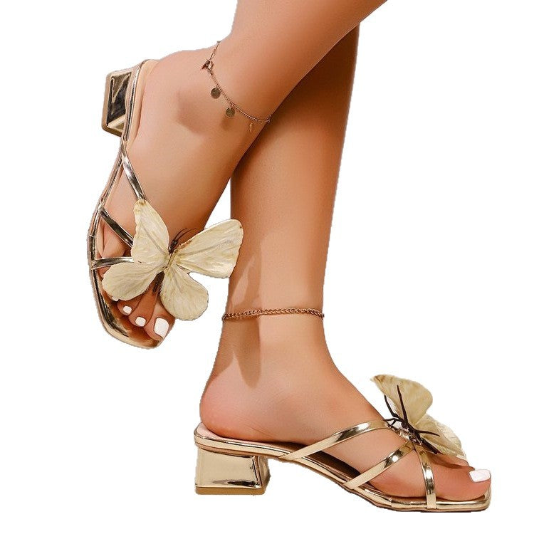 Damen elegante Sandalen mit floralen Applikationen und blockartigem Absatz EB