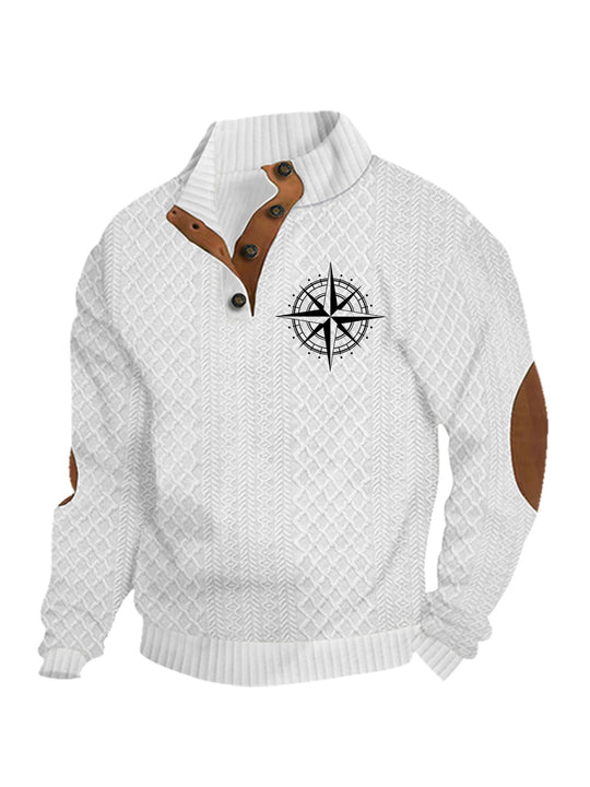 Herren nan Heritage-Strukturpullover mit Stehkragen Lederimitat-Besatz Ellenbogen-Patches und Halbknopfleiste EB