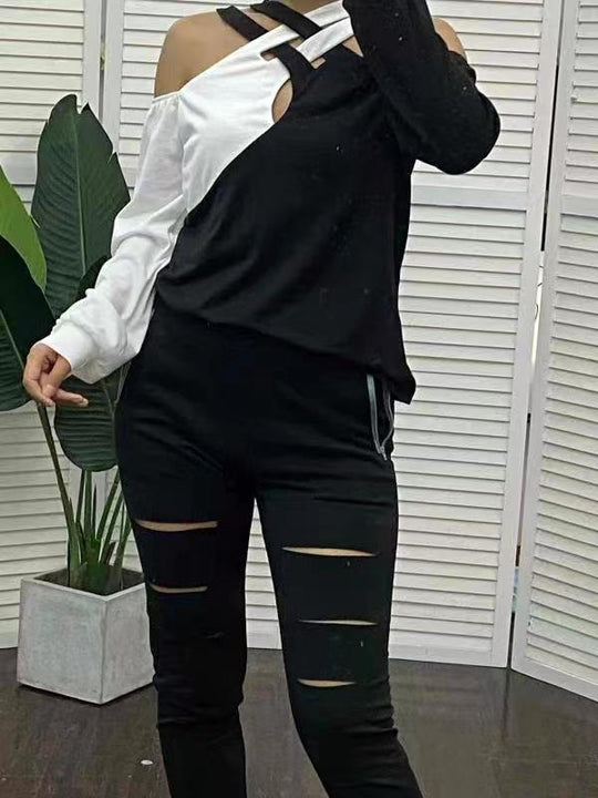 Damen asymmetrisches Oberteil mit freiem Schulterdesign und verbindenden Trägern EB