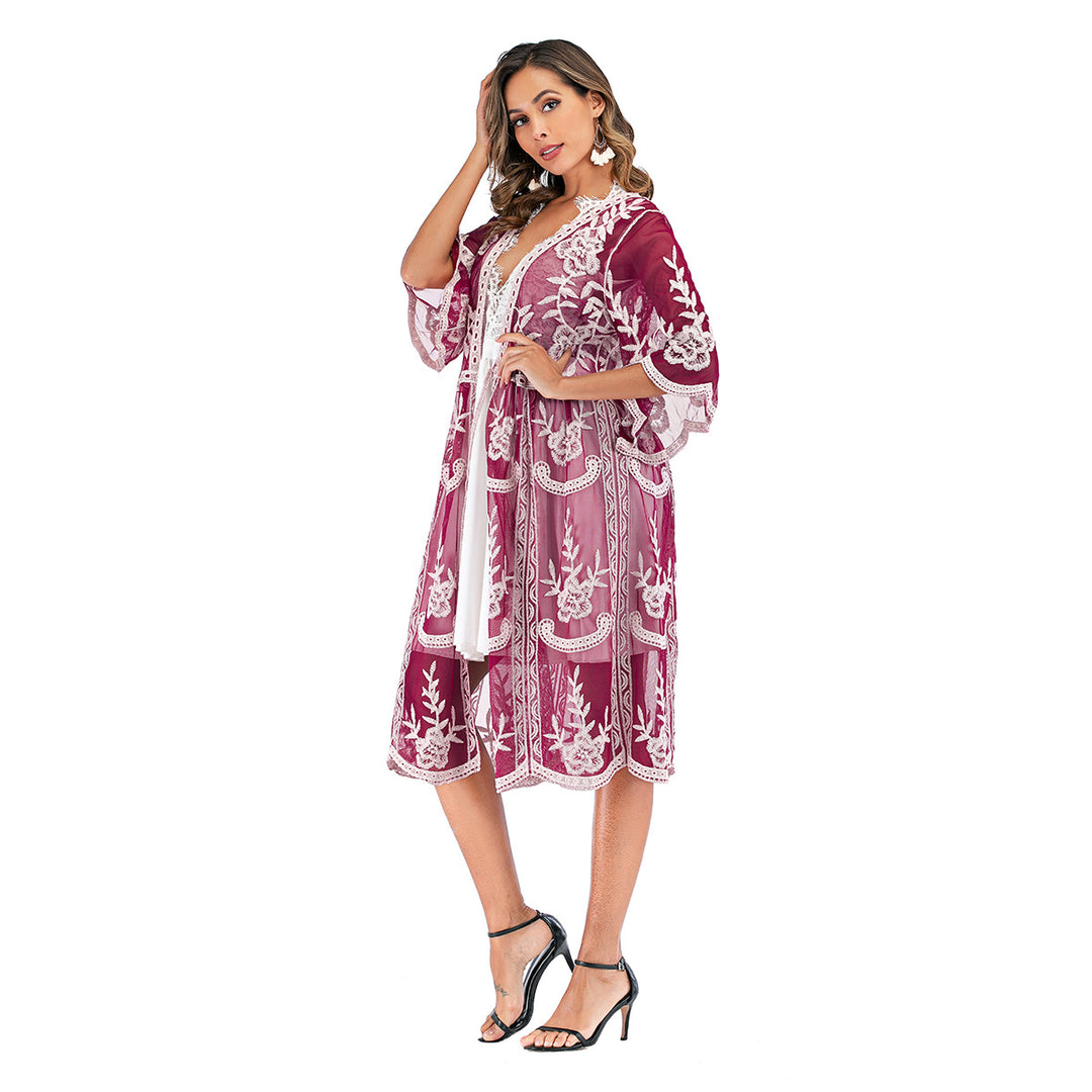 Damen elegante Häkel-Strandrobe mit voluminösen Ärmeln und floralem Design EB