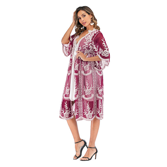 Damen elegante Häkel-Strandrobe mit voluminösen Ärmeln und floralem Design EB