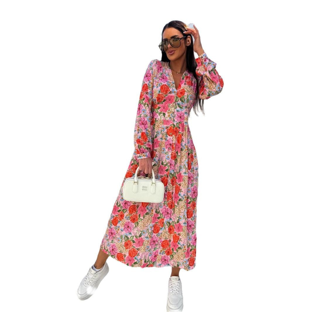 Damen Maxi-Kleid mit floralen Musterdetails und elegantem V-Ausschnitt EB