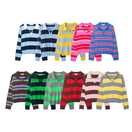 Damen nan gestreifter Rugby-Strickpullover mit Polokragen und weiter Oversize-Passform EB
