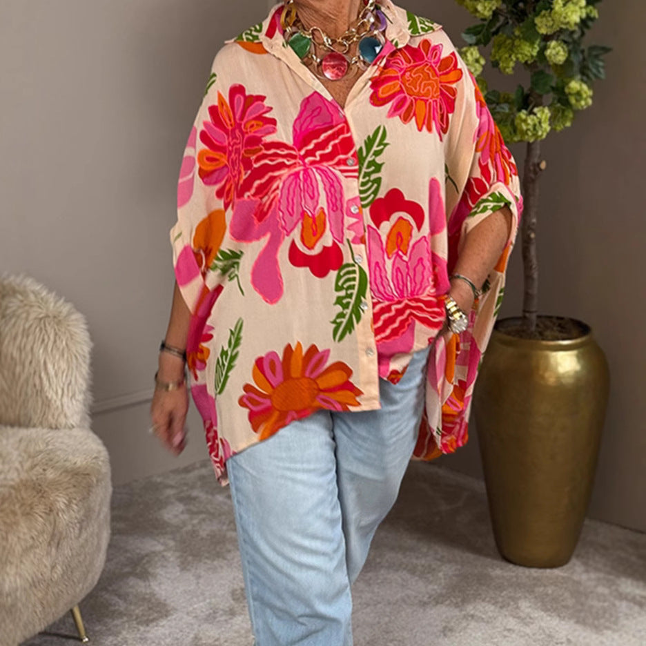 Damen Übergroßes Hemdblusenshirt mit floralem Print und kurzer Knopfleiste Heidi-Mode