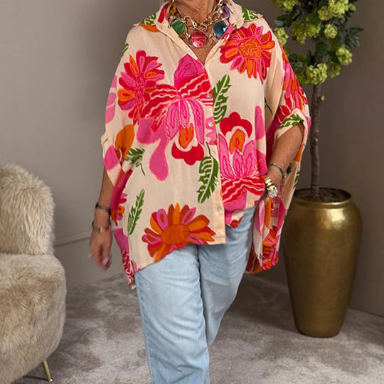 Damen Übergroßes Hemdblusenshirt mit floralem Print und kurzer Knopfleiste Heidi-Mode