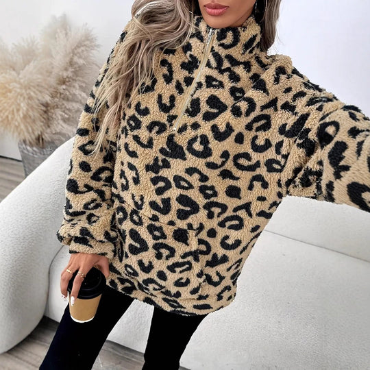 Damen Fleece-Pullover mit stylischem Leopardenmuster EB