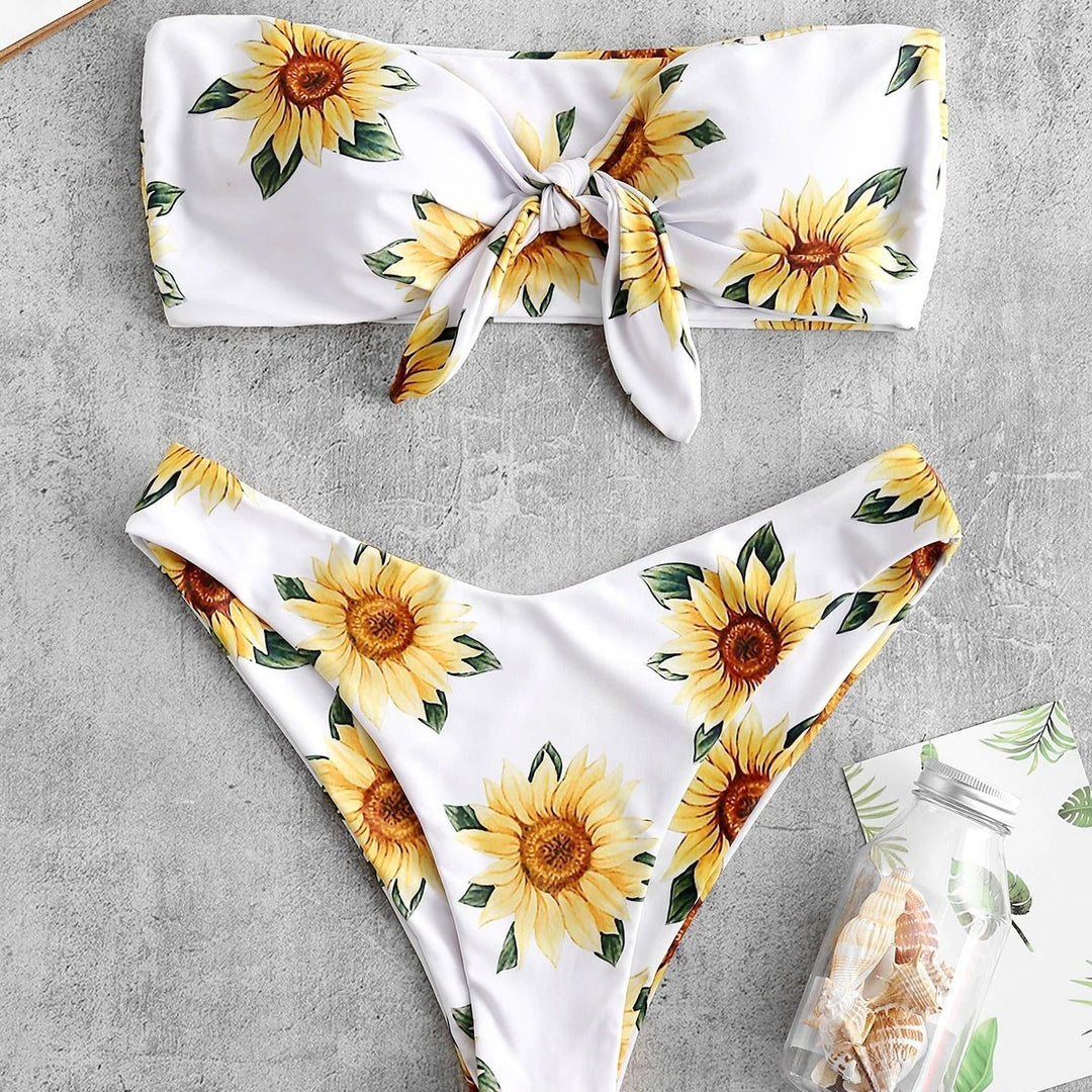 Damen Bandeau-Bikini mit floralem Design und praktischen Knoten EB