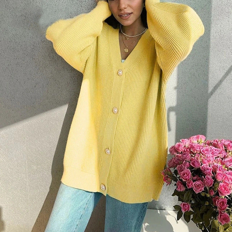 Damen Offene Strickjacke mit Knöpfen und V-Ausschnitt EB