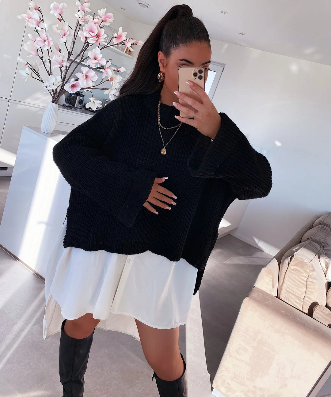Damen oversized Strickpullover mit strukturiertem Lochdesign und lässigem Schnitt EB