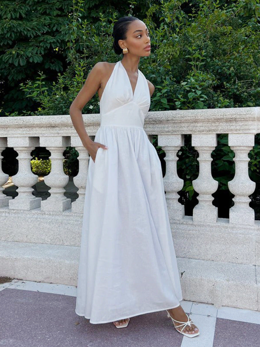 Damen Elegantes Maxikleid mit Halterneck-Design und fließendem Rock EB