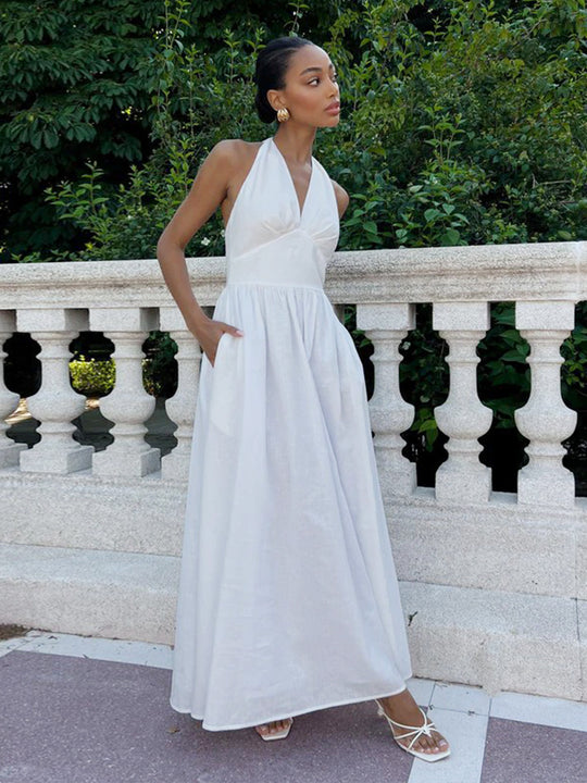 Damen Elegantes Maxikleid mit Halterneck-Design und fließendem Rock EB