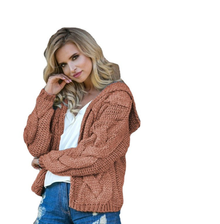 Damen Strickjacke mit Kapuze und modernem Zopfmuster EB