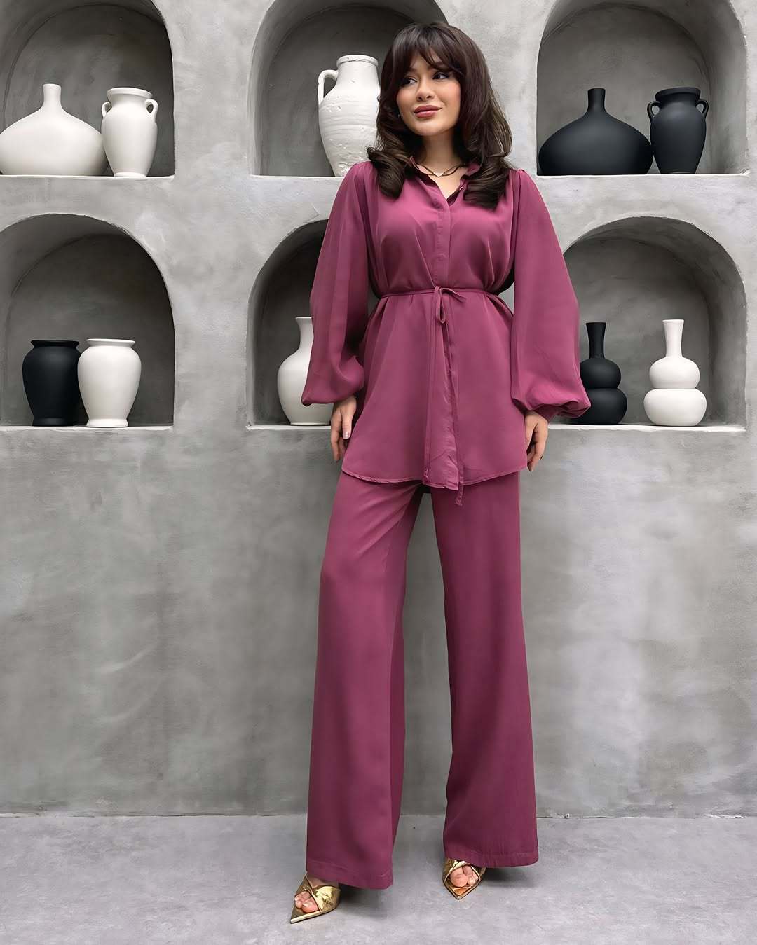 Damen elegantes Set mit langer Bluse und weitem Hosen EB