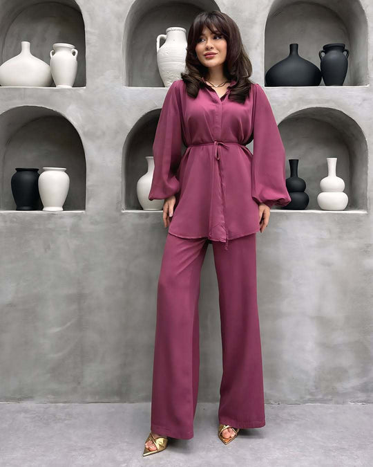 Damen elegantes Set mit langer Bluse und weitem Hosen EB