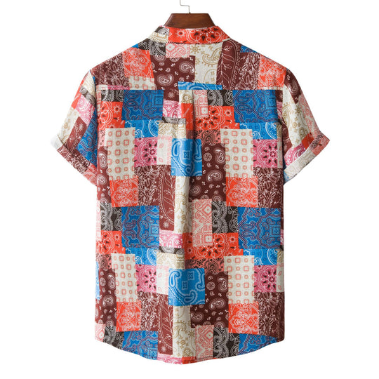 Herren Kurzarmhemd im bunten Patchwork-Design mit Henley-Ausschnitt EB