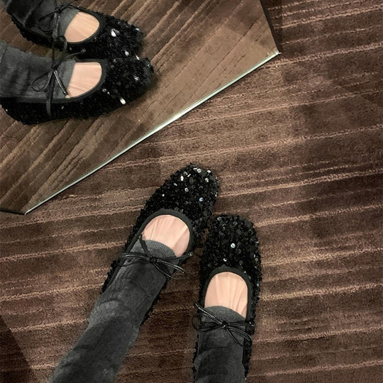 Damen Ballerinas mit glitzerndem Paillettenbesatz und weichem Riemendesign EB
