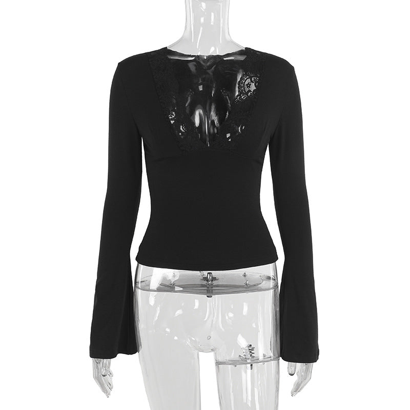 Damen elegant geschnittenes Langarmtop mit Spitzenbesatz EB