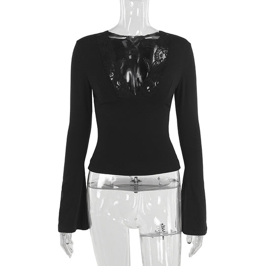 Damen elegant geschnittenes Langarmtop mit Spitzenbesatz EB
