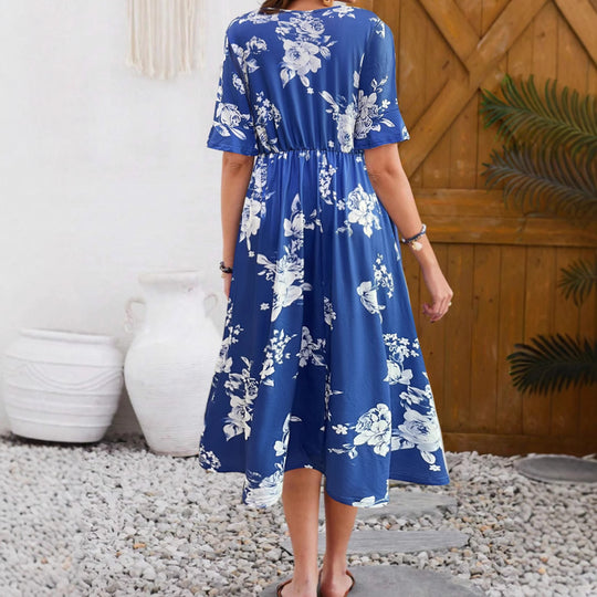 Damen Midikleid mit floralem Muster und elastischem Taillenzug EB