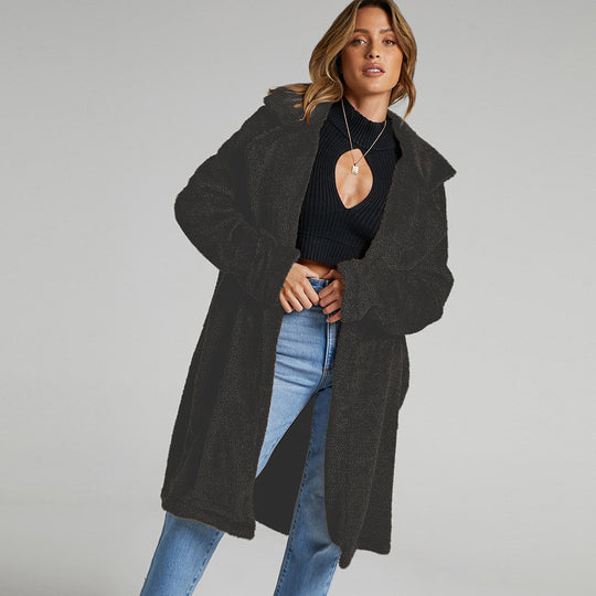 Damen Lange, flauschige Teddy-Jacke mit Revers EB