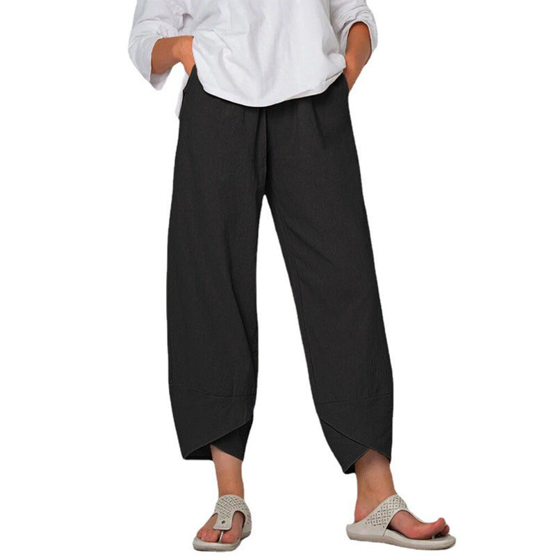 Damen nan lockere Leinenhose mit hohem Bund, Tulpen-Saum und seitlichen Eingrifftaschen EB
