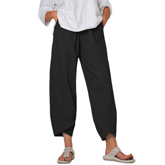 Damen nan lockere Leinenhose mit hohem Bund, Tulpen-Saum und seitlichen Eingrifftaschen EB