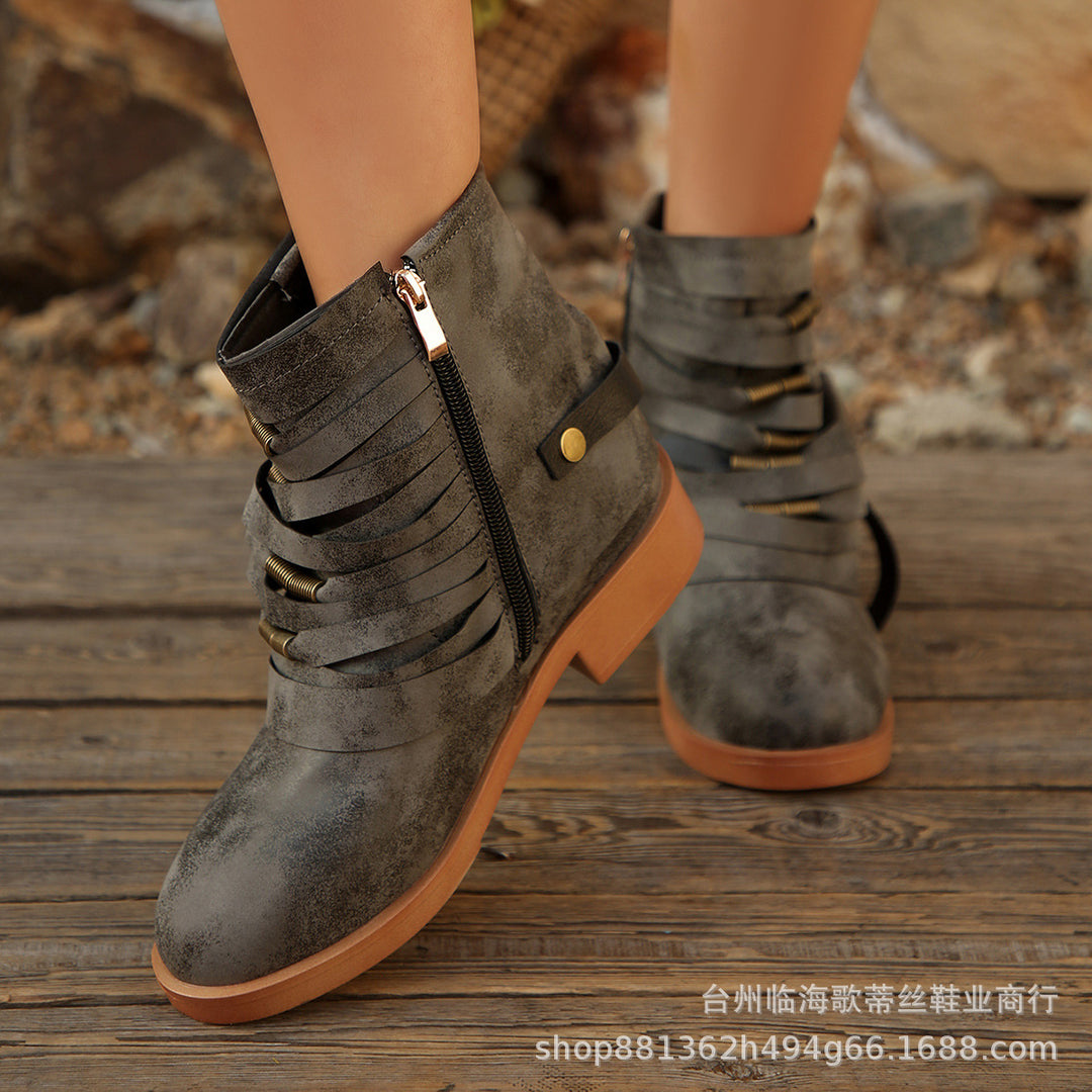 Damen Fransen-Ankle-Boots mit geschichteten Riemen und seitlichem Reißverschluss EB