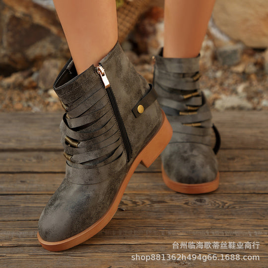 Damen Fransen-Ankle-Boots mit geschichteten Riemen und seitlichem Reißverschluss EB
