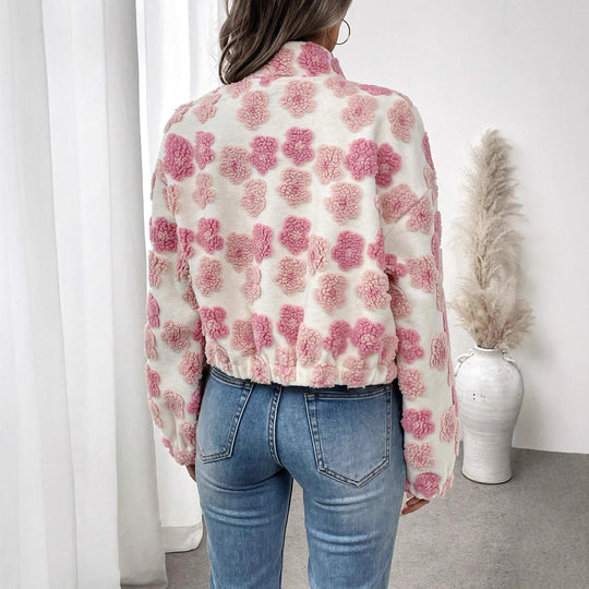 Damen Kuscheljacke mit floralem Relief-Design und Stehkragen EB