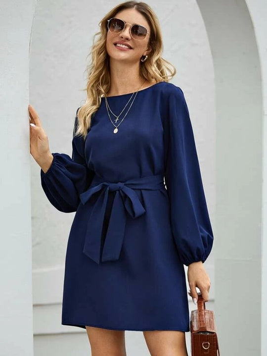 Damen nan elegantes Etuikleid mit Ballonärmeln und Taillengürtel EB
