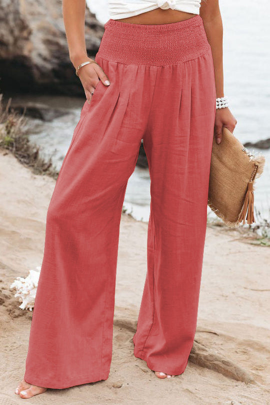 Damen Weite Leinenhose mit elastischem Bund und plissierten Details EB