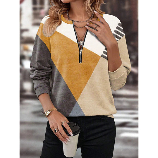 Damen Sportlicher Sweatshirt mit halbem Reißverschluss und trendigem Kontrast-Design EB