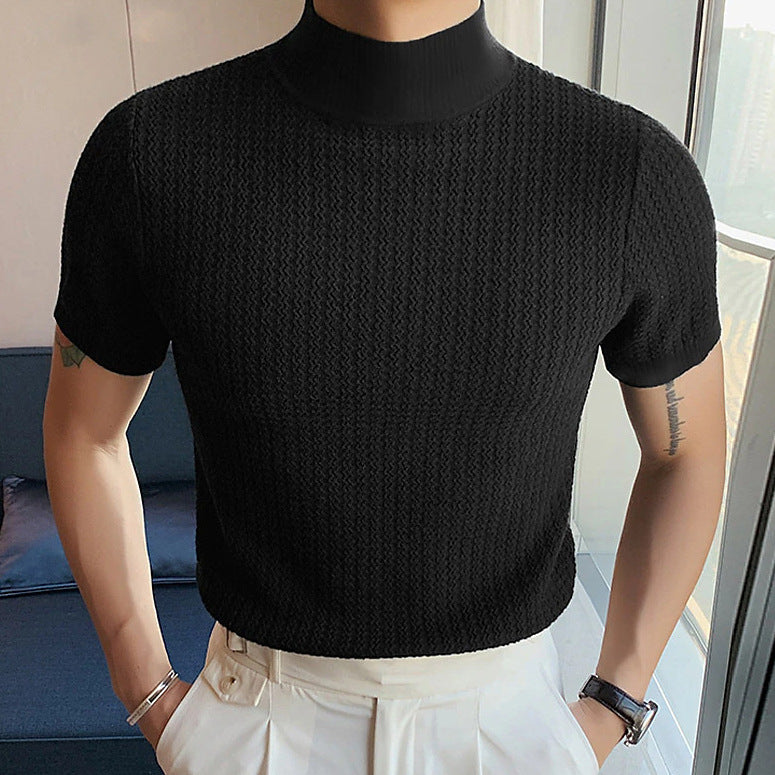 Herren nan kurzärmliges Stehkragen-Feinstrickshirt mit feiner Rippstruktur EB