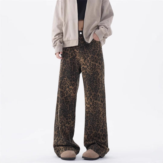 Damen Weite Leoparden-Jeans mit lässigem Schnitt und hoch tailliertem Design EB