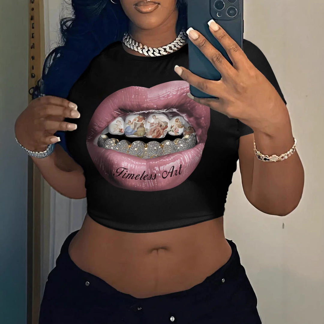 Damen Crop-T-Shirt mit kreativem Grafikdesign und einzigartigem Statement EB