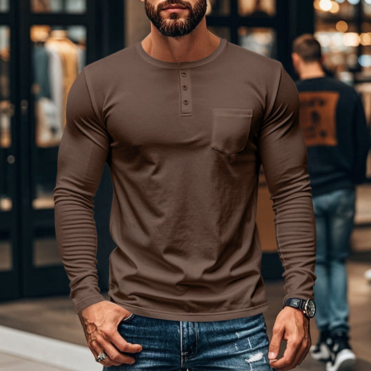 Herren langärmliges Henley-Shirt mit strukturierter Baumwolloberfläche und Brusttasche EB