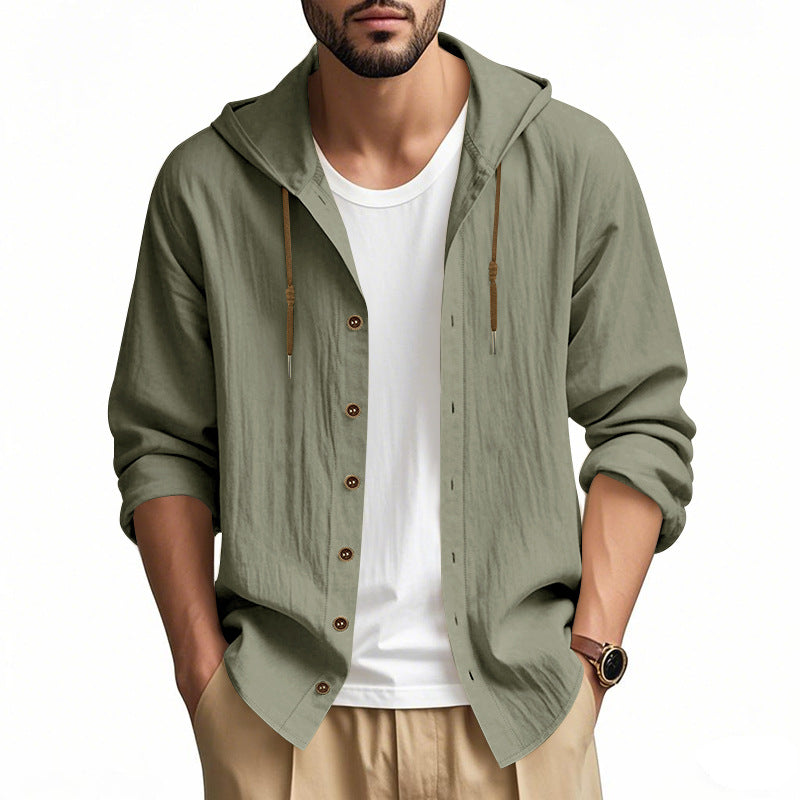 Herren nan leichtes Kapuzenhemdjacke aus Leinenoptik mit durchgehender Knopfleiste EB