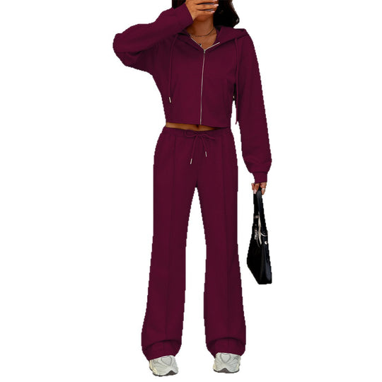 Damen nan kurzgeschnittenes Kapuzen-Sweatset mit Reißverschluss und hochtaillierter Schlaghose EB