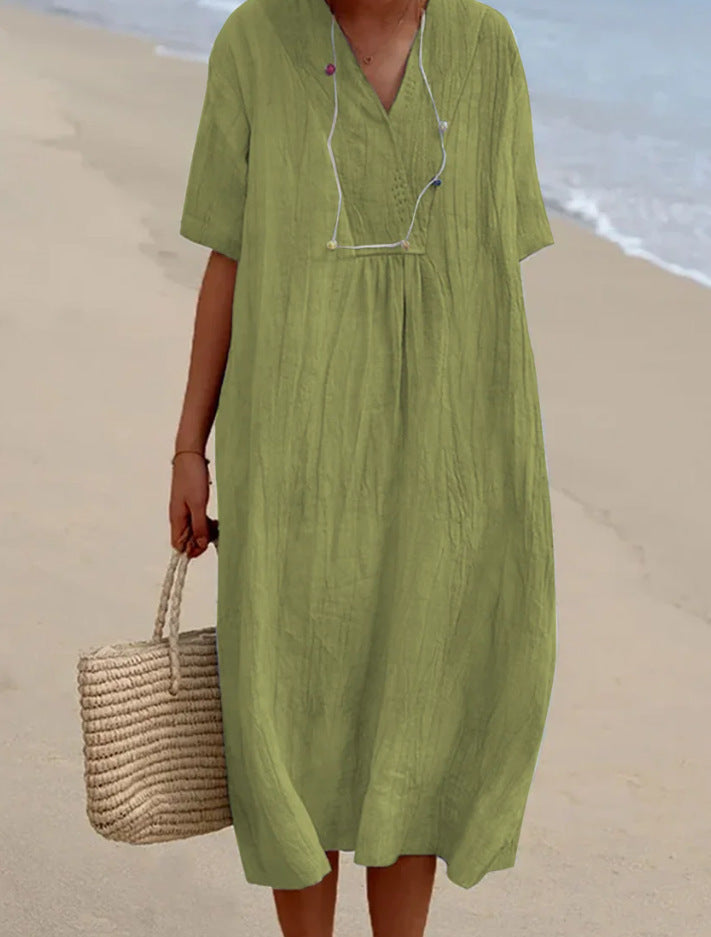Damen lässiges Midi-Kleid mit V-Ausschnitt und bequemen Kurzärmeln EB