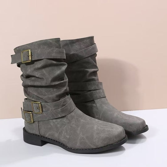 Damen nan lässiger mittlerer Schaftstiefel mit weichem Slouch-Effekt, dekorativen Schnallenriemen und robustem Blockabsatz EB