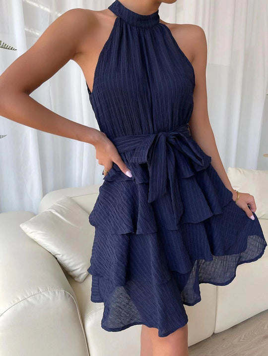 Damen Hochgeschlossenes Volantkleid mit Taillengürtel EB
