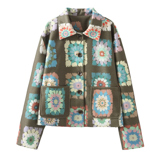 Damen Bunte Blumenjacke mit praktischen Taschen und Knopfdetails EB