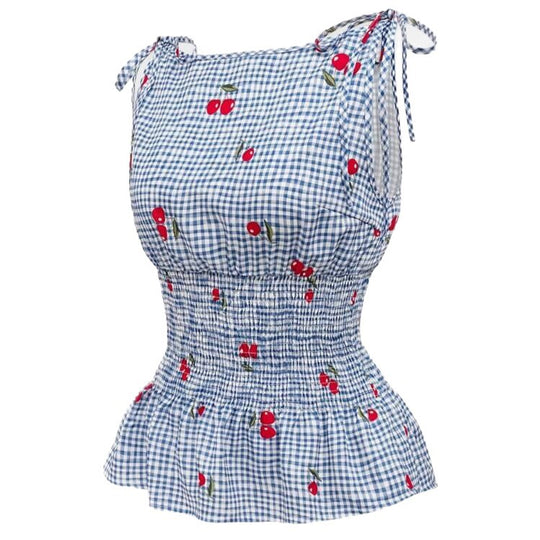 Damen Bluse mit floralem Karo-Muster und Rüschensaum EB
