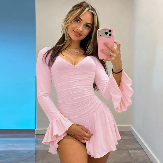 Damen nan tailliertes V-Ausschnitt Skaterkleid mit geraffter Taille und Volantärmeln EB