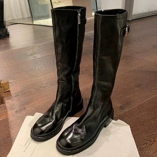 Damen Überknie-Stiefel aus hochwertigem Leder mit robustem Reißverschluss und modischen Schnallen EB