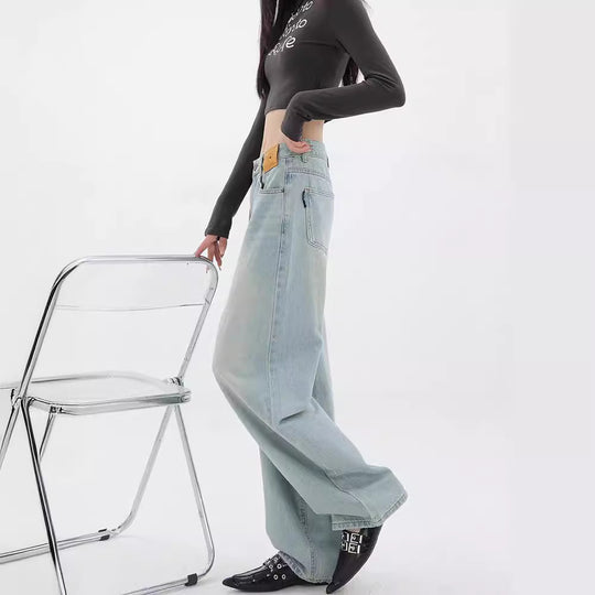 Damen Weit geschnittene Denim-Hose mit lässigem Design und hoher Taille EB